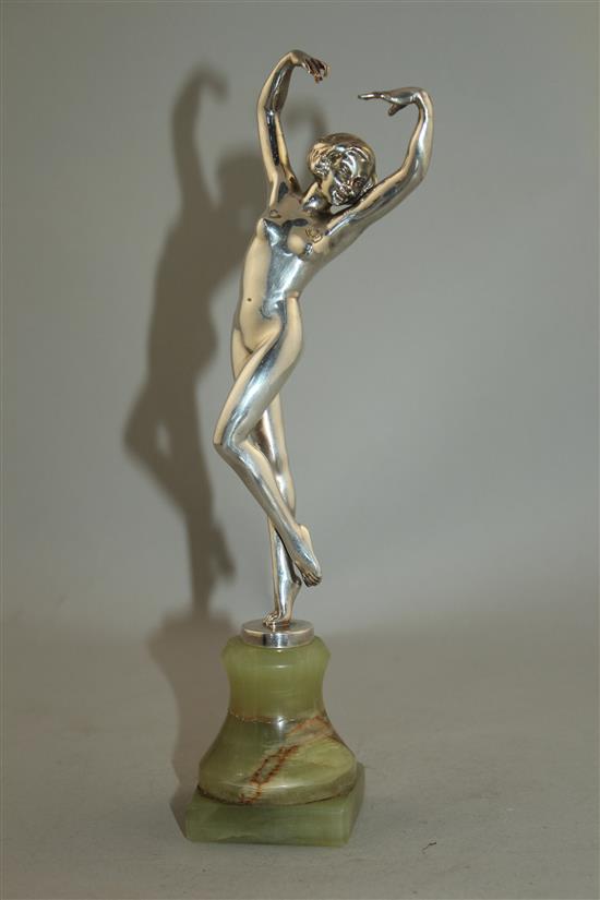 An Art Deco silvered bronze figure of a nude female dancer, probably by Josef Lorenzl, 9.5in.